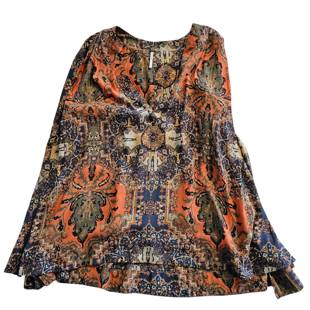 Free People Darcy Super V-neck Orange Blue Boho Print Sleeveless Swing Tank Sz L